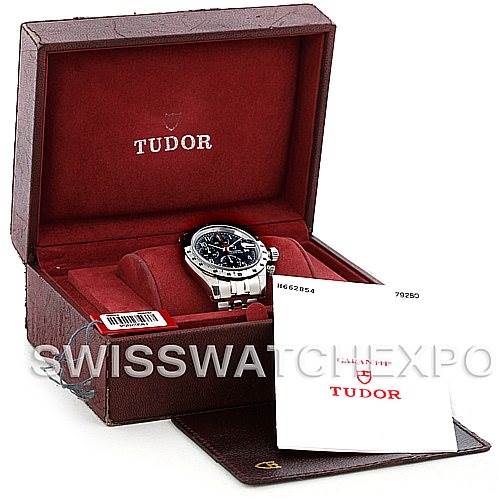 The image shows a Tudor Prince 79280 Men's Stainless Steel Black Dial 79280 Men's Stainless Steel Black Dial model watch in its open presentation box, with the warranty card placed outside.