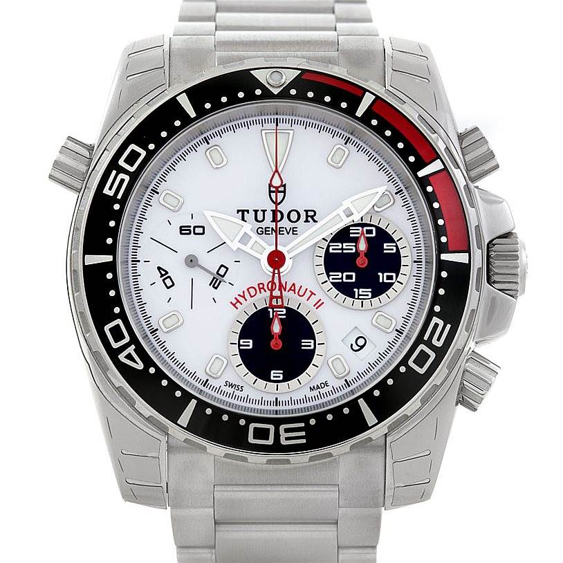 The image shows a front view of a Tudor Hydronaut 20360N Men's Stainless Steel White Dial 20360N Men's Stainless Steel White Dial model watch, highlighting its bezel, dial, and chronograph subdials.