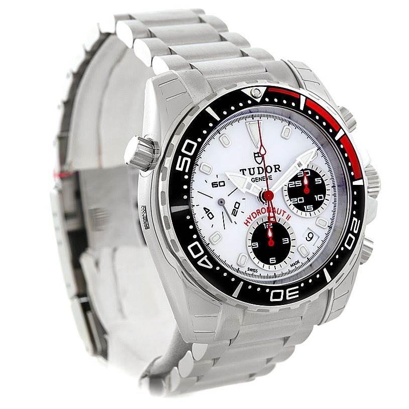 The image shows a Tudor Hydronaut 20360N Men's Stainless Steel White Dial 20360N Men's Stainless Steel White Dial watch from an angled side, highlighting the dial, bezel, and bracelet.