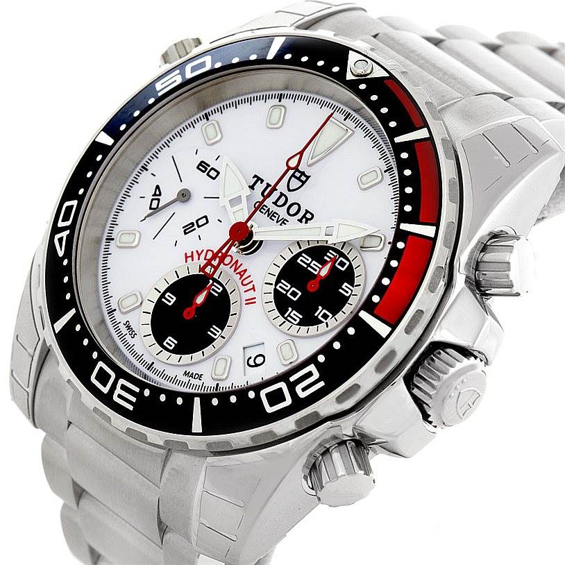 This image shows a close-up, side-angle view of the Tudor Hydronaut 20360N Men's Stainless Steel White Dial 20360N Men's Stainless Steel White Dial model watch, highlighting its dial, bezel, and bracelet.