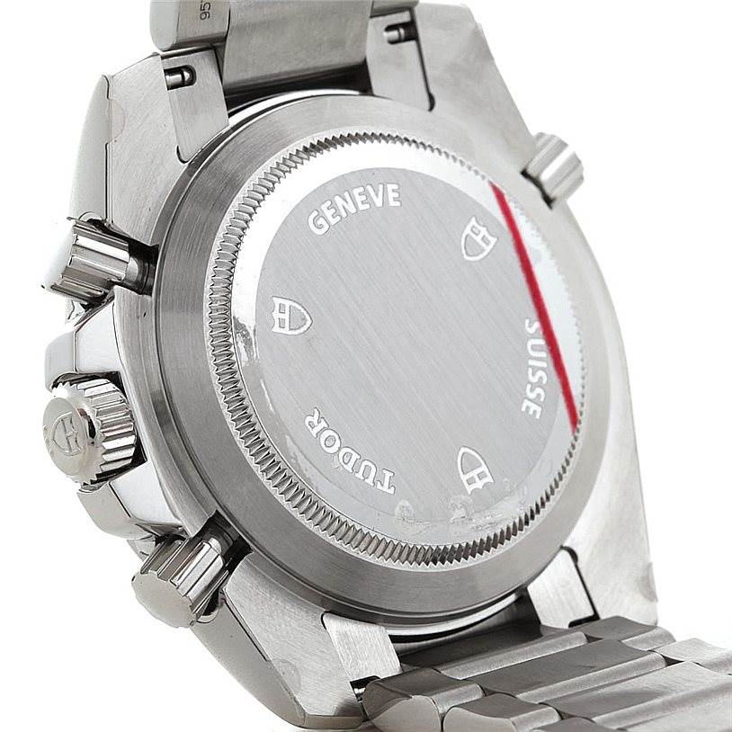 The image shows the case back and part of the bracelet of the Tudor Hydronaut 20360N Men's Stainless Steel White Dial 20360N Men's Stainless Steel White Dial watch from a slightly angled side view.