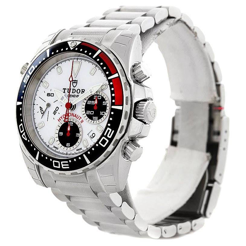 The Tudor Hydronaut 20360N Men's Stainless Steel White Dial 20360N Men's Stainless Steel White Dial watch is shown at a three-quarter angle, highlighting the face, bezel, crown, and bracelet.