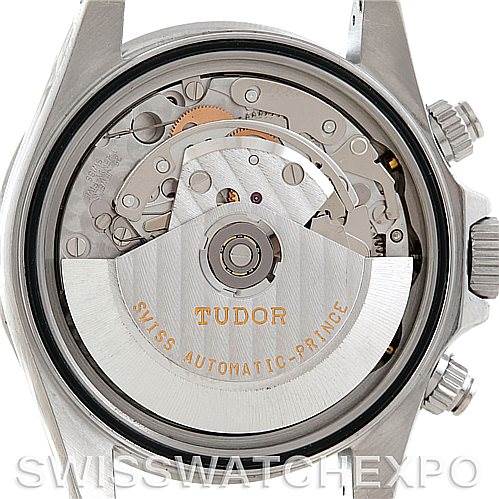 The image shows a close-up of the back of a Tudor Tiger 79280 Men
s Stainless Steel Silver Dial 79280 Men
s Stainless Steel Silver Dial model watch, revealing its internal automatic movement.