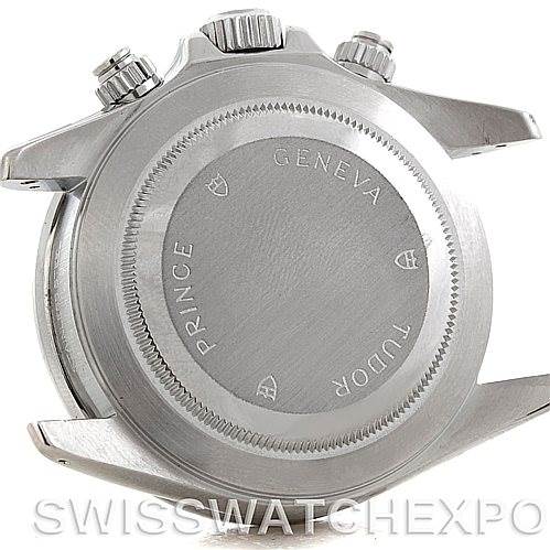 The image shows the back case and crown of a Tudor Tiger 79280 Men
s Stainless Steel Silver Dial 79280 Men
s Stainless Steel Silver Dial Prince watch.