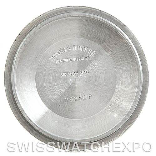 This image shows the interior of the case back for the Tudor Tiger 79280 Men
s Stainless Steel Silver Dial 79280 Men
s Stainless Steel Silver Dial model, labeled "79260P" and marked with "Stainless Steel" and "Montres Tudor S.A Geneva Switzerland."