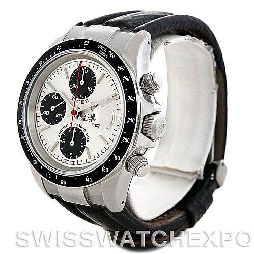 This image shows a Tudor Tiger 79280 Men
s Stainless Steel Silver Dial 79280 Men
s Stainless Steel Silver Dial model watch at an angle highlighting its face, side chronograph pushers, and crown.