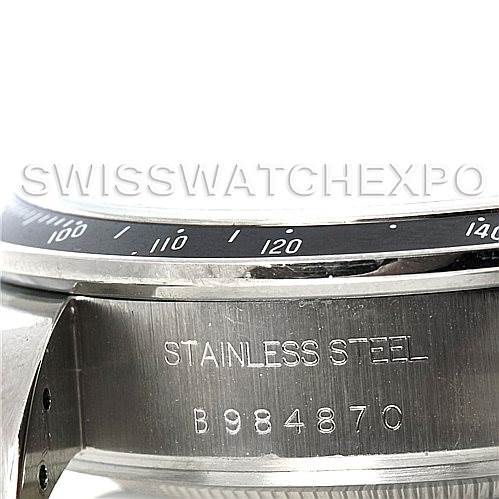 The image shows a close-up angle of the Tudor Tiger 79280 Men
s Stainless Steel Silver Dial 79280 Men
s Stainless Steel Silver Dial watch, focusing on the bezel and case with "STAINLESS STEEL" and serial number engraving.