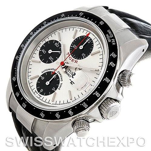 The image shows a Tudor Tiger 79280 Men
s Stainless Steel Silver Dial 79280 Men
s Stainless Steel Silver Dial model watch at an oblique angle, displaying the face, bezel, crown, and strap attachment.