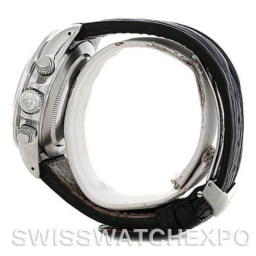 The Tudor Tiger 79280 Men
s Stainless Steel Silver Dial 79280 Men
s Stainless Steel Silver Dial model watch is shown from the side, displaying its crown, pushers, and part of the leather strap.