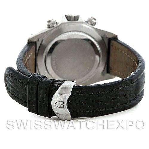 This image shows the rear view of a Tudor Tiger 79280 Men
s Stainless Steel Silver Dial 79280 Men
s Stainless Steel Silver Dial watch, highlighting its leather strap and the back of the watch case.