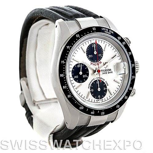 This image shows a Tudor Tiger 79280 Men
s Stainless Steel Silver Dial 79280 Men
s Stainless Steel Silver Dial watch from an angled front view, highlighting its face, bezel, and leather strap.