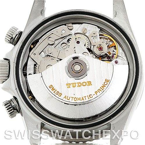This image shows the back view of a Tudor Tiger 79270 Men's Stainless Steel Silver Dial 79270 Men's Stainless Steel Silver Dial model watch, highlighting its internal mechanics and rotor.