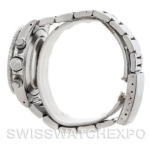 This side view of the Tudor Tiger 79270 Men's Stainless Steel Silver Dial 79270 Men's Stainless Steel Silver Dial model watch displays its stainless steel case, crown, pushers, and bracelet.