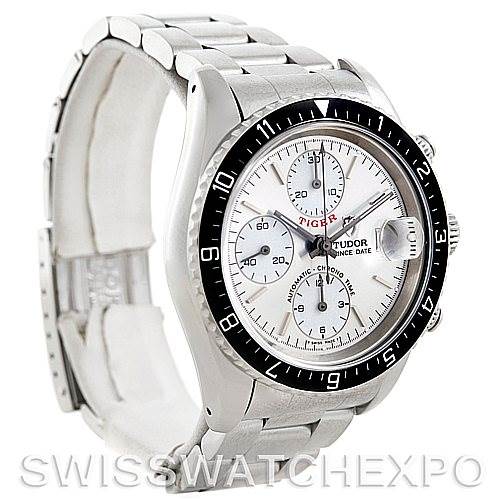 The image shows a Tudor Tiger 79270 Men's Stainless Steel Silver Dial 79270 Men's Stainless Steel Silver Dial model watch from a 3/4 angle, highlighting the dial, bezel, case, and bracelet.