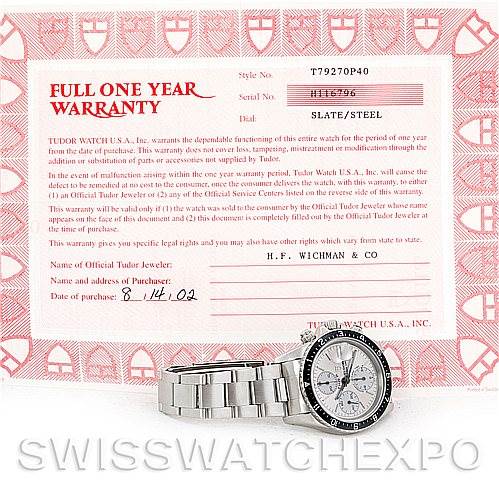 The image shows a Tudor Tiger 79270 Men's Stainless Steel Silver Dial 79270 Men's Stainless Steel Silver Dial model watch from an angled side view, alongside its warranty documentation.