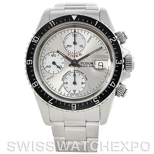 The image shows a front view of the Tudor Tiger 79270 Men's Stainless Steel Silver Dial 79270 Men's Stainless Steel Silver Dial model watch, displaying its dial, bezel, and bracelet.