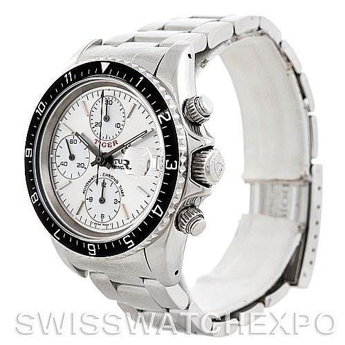 This image shows the Tudor Tiger 79270 Men's Stainless Steel Silver Dial 79270 Men's Stainless Steel Silver Dial model watch at an angle highlighting the dial, bezel, crown, and part of the bracelet.