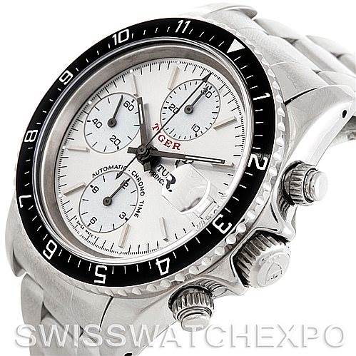 This image shows a close-up of the Tudor Tiger 79270 Men's Stainless Steel Silver Dial 79270 Men's Stainless Steel Silver Dial watch, highlighting the face, bezel, and side pushers.