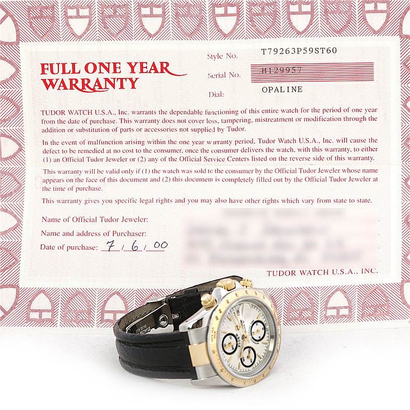 The image shows a side and partial front view of a Tudor Tiger 79263 Men's Steel and Gold (two tone) White Dial 79263 Men's Steel and Gold (two tone) White Dial model watch along with its warranty certificate.