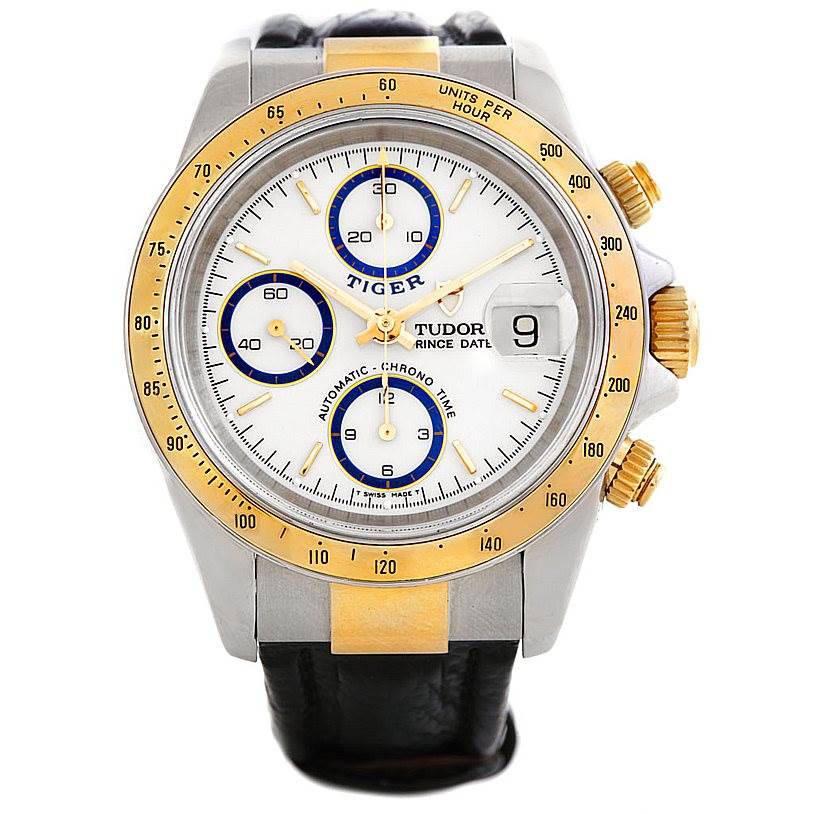 The image shows a front view of the Tudor Tiger 79263 Men's Steel and Gold (two tone) White Dial 79263 Men's Steel and Gold (two tone) White Dial model watch, highlighting the dial, bezel, and leather strap.