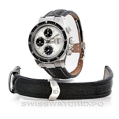 The image shows a Tudor Prince model watch and its leather strap at an angled view.