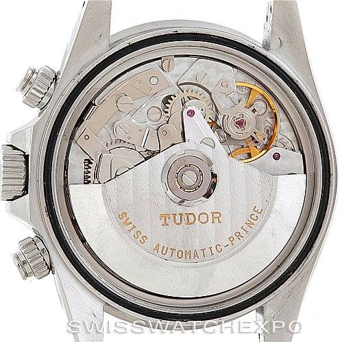 The image shows the back of a Tudor Prince model watch, displaying its automatic movement and inner mechanisms.