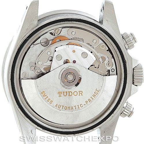 The image shows the back of a Tudor Prince model watch, revealing its automatic movement and internal mechanism.