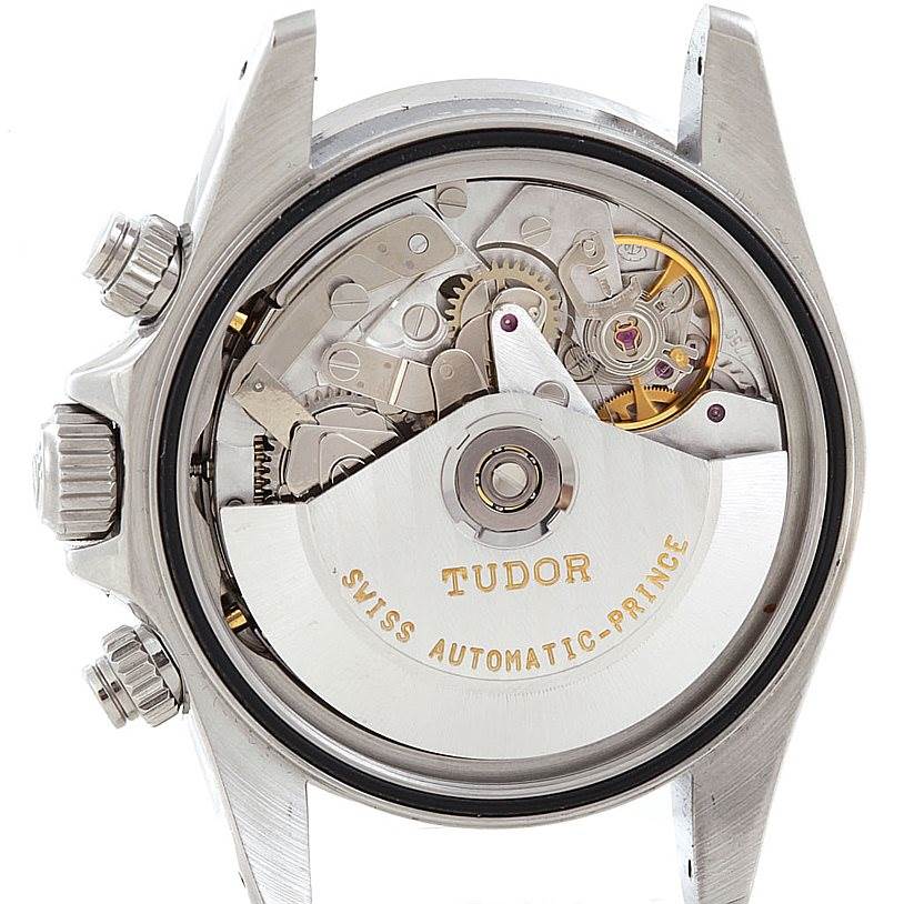 This is a close-up view showing the internal mechanics of the Tudor Prince watch, specifically the movement components.
