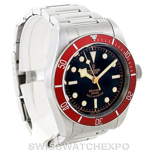 The image shows the Tudor Heritage Black Bay 79220R Men
s Stainless Steel Black Dial 79220R Men
s Stainless Steel Black Dial watch at a front-left angle, displaying the face, bezel, crown, and bracelet.