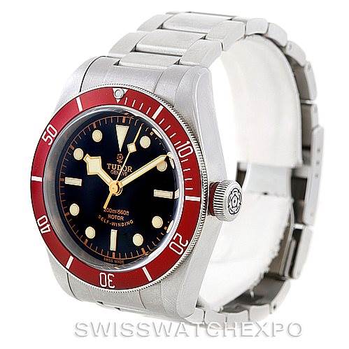 The Tudor Heritage Black Bay 79220R Men
s Stainless Steel Black Dial 79220R Men
s Stainless Steel Black Dial watch is shown at a three-quarter angle, displaying the dial, bezel, crown, and part of the bracelet.