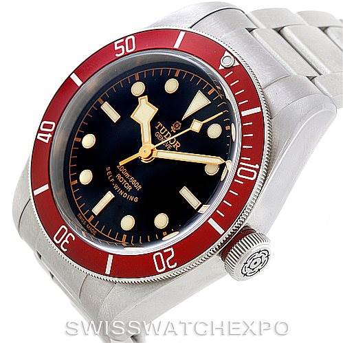 This image shows a close-up of the Tudor Heritage Black Bay 79220R Men
s Stainless Steel Black Dial 79220R Men
s Stainless Steel Black Dial watch, highlighting the face, bezel, and part of the bracelet.