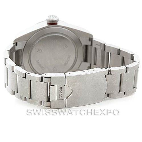 This image shows the back case and metal bracelet with the clasp of the Tudor Heritage Black Bay 79220R Men
s Stainless Steel Black Dial 79220R Men
s Stainless Steel Black Dial watch.