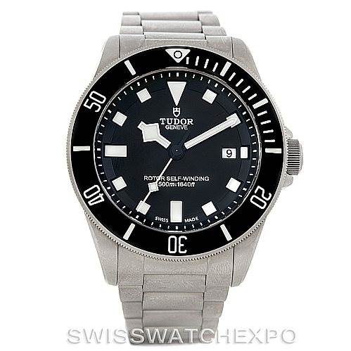 The image shows a front-facing view of the Tudor Pelagos 25500TN Men's Titanium Black Dial 25500TN Men's Titanium Black Dial watch, highlighting the dial, bezel, and stainless steel bracelet.