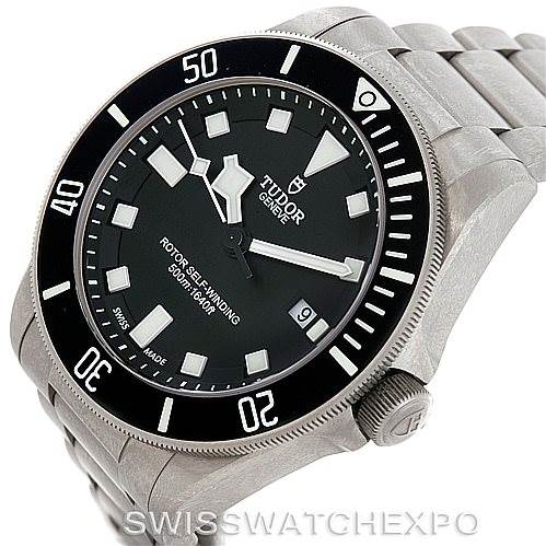 The Tudor Pelagos 25500TN Men's Titanium Black Dial 25500TN Men's Titanium Black Dial watch is shown at an oblique angle, highlighting the dial, bezel, crown, and bracelet.
