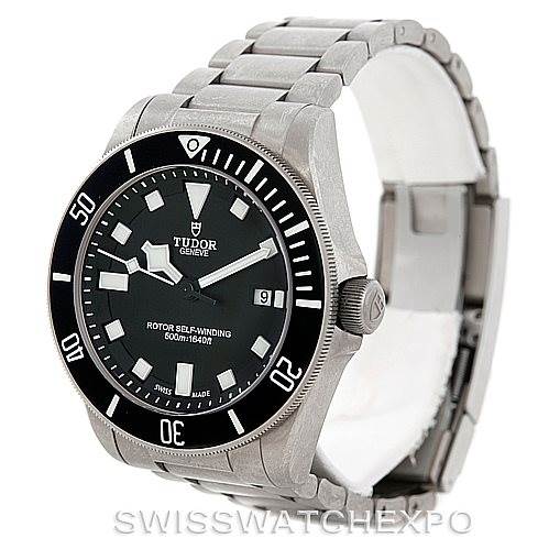 The Tudor Pelagos 25500TN Men's Titanium Black Dial 25500TN Men's Titanium Black Dial watch is shown at a slight angle displaying the face, bezel, crown, and part of the metal bracelet.