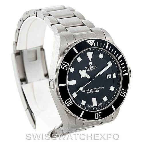 The Tudor Pelagos 25500TN Men's Titanium Black Dial 25500TN Men's Titanium Black Dial watch is shown at an angle displaying its face, bezel, crown, and bracelet.
