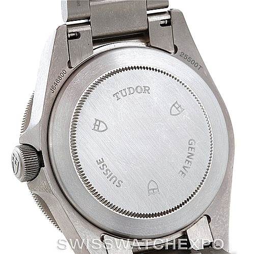 The image shows the back casing of a Tudor Pelagos 25500TN Men's Titanium Black Dial 25500TN Men's Titanium Black Dial watch, highlighting the caseback engravings and crown.