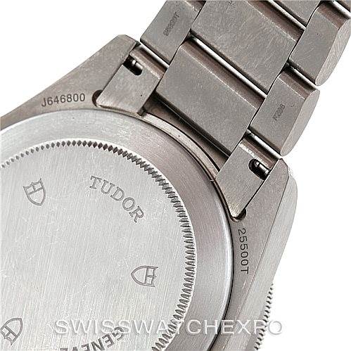 The image shows the case back and part of the bracelet of a Tudor Pelagos 25500TN Men's Titanium Black Dial 25500TN Men's Titanium Black Dial watch.