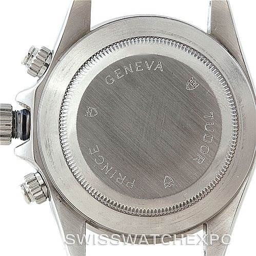 The image shows the back case and crown of the Tudor Prince watch model from a rear angle.