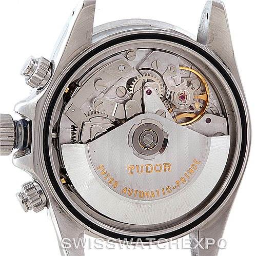 Shown is the open case back of a Tudor Prince model, revealing the automatic movement and inner mechanical components.