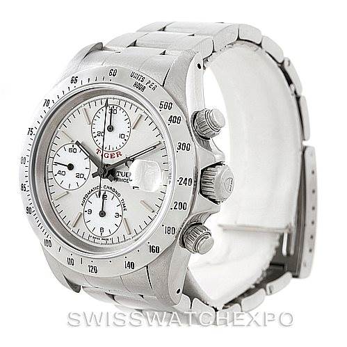 The image shows a Tudor Prince model watch from a three-quarter angle, displaying the dial, bezel, crown, and chronograph pushers.
