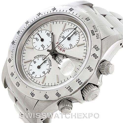 This is a close-up angled view of a Tudor Prince model watch displaying the face, bezel, crown, pushers, and part of the bracelet.