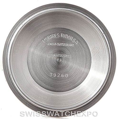 This image shows the stainless steel case back of a Tudor Prince model watch.