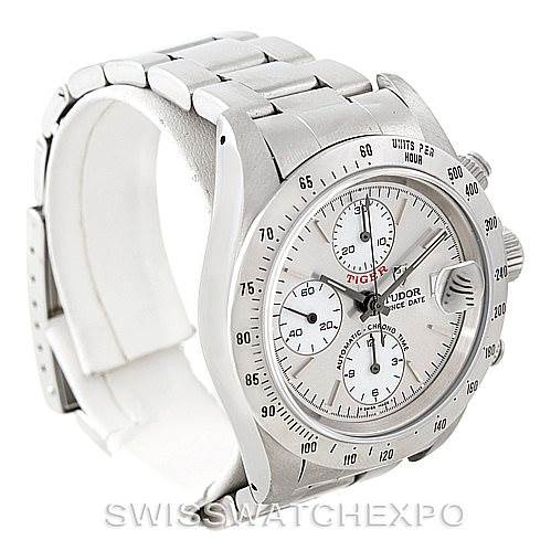 The image shows a Tudor Prince model watch from a three-quarter angle, highlighting the watch face, crown, and bracelet.