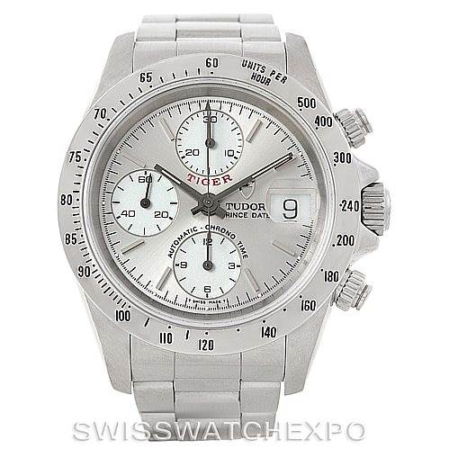 The Tudor Prince watch is shown from the front, focusing on its dial, bezel, and stainless steel bracelet.