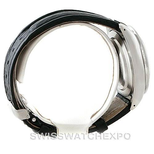 The image shows a side angle of the Tudor Tiger 79260 Men's Stainless Steel White Dial 79260 Men's Stainless Steel White Dial watch, highlighting the case, bezel, and leather strap.