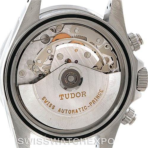 The image shows the open case back of a Tudor Tiger 79260 Men's Stainless Steel White Dial 79260 Men's Stainless Steel White Dial model watch, revealing the automatic movement inside.