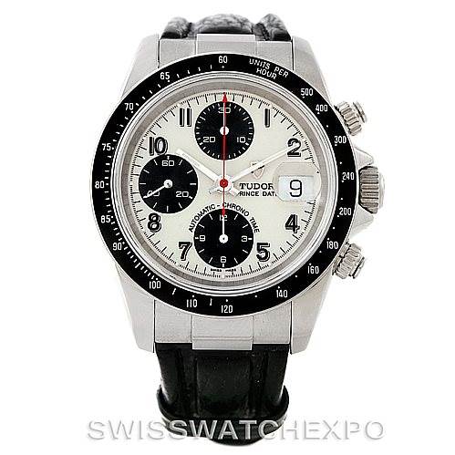 This image shows a frontal view of the Tudor Tiger 79260 Men's Stainless Steel White Dial 79260 Men's Stainless Steel White Dial model watch, highlighting its dial, chronograph subdials, and leather strap.