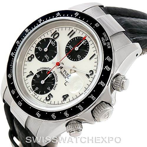 The image shows a Tudor Tiger 79260 Men's Stainless Steel White Dial 79260 Men's Stainless Steel White Dial model watch from an angled side view, highlighting its dials, bezel, and push buttons.