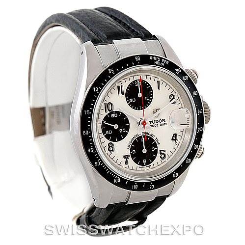 The Tudor Tiger 79260 Men's Stainless Steel White Dial 79260 Men's Stainless Steel White Dial watch is shown from an angled view, highlighting its face, chronograph dials, and black leather strap.